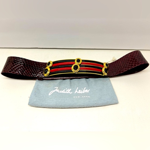 Judith Leiber Burgundy Snake/Leather Belt w/Gold Buckle and Black/Red accent - Picture 1 of 15